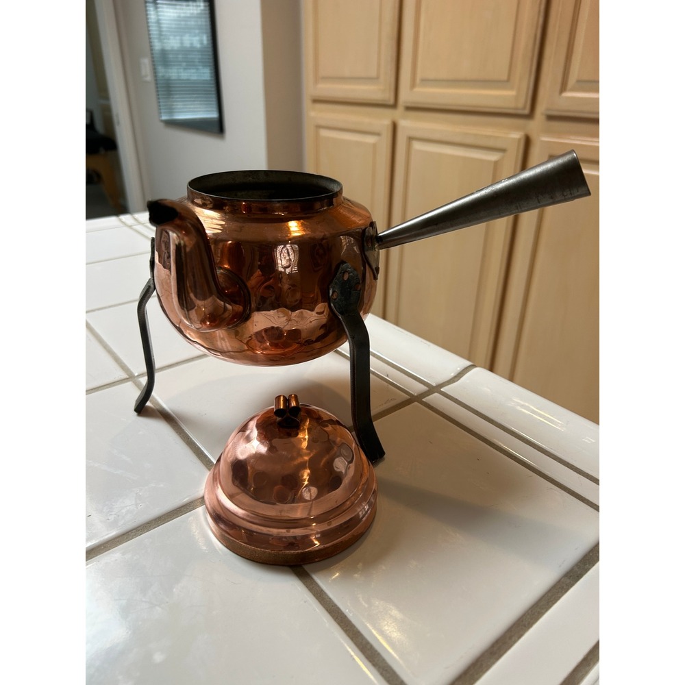 Vintage Copper Teapot with Black Metal Stand and Lid Hammered Finish - Picture 3 of 5